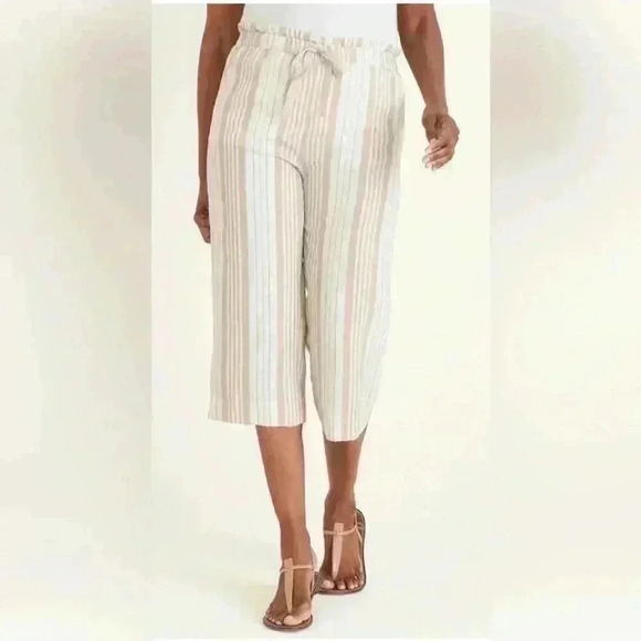 Chico's Pants - Chico’s‎ Linen Cropped Striped Beige White Pants Pockets Stretch Waist Size 10P
